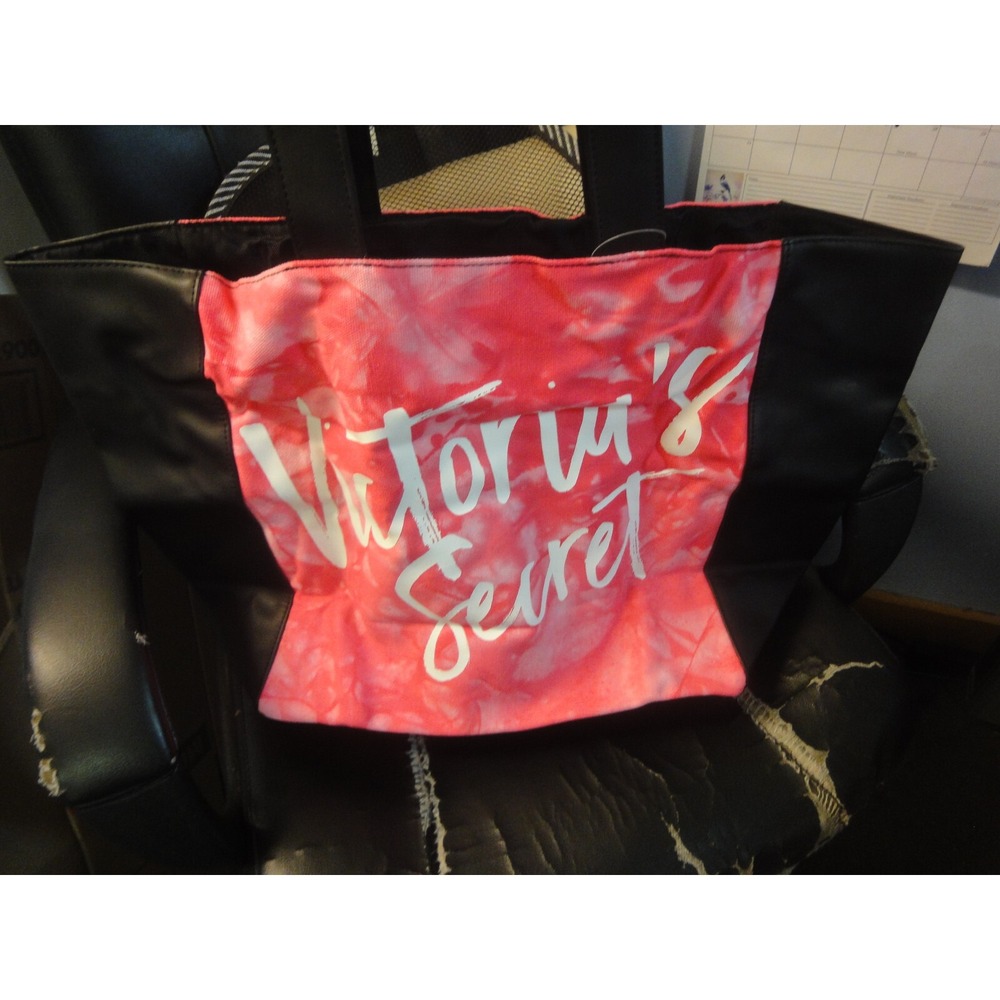 Victorias Secret oversize Large Tote bag pink black faux leather & canvas NWT